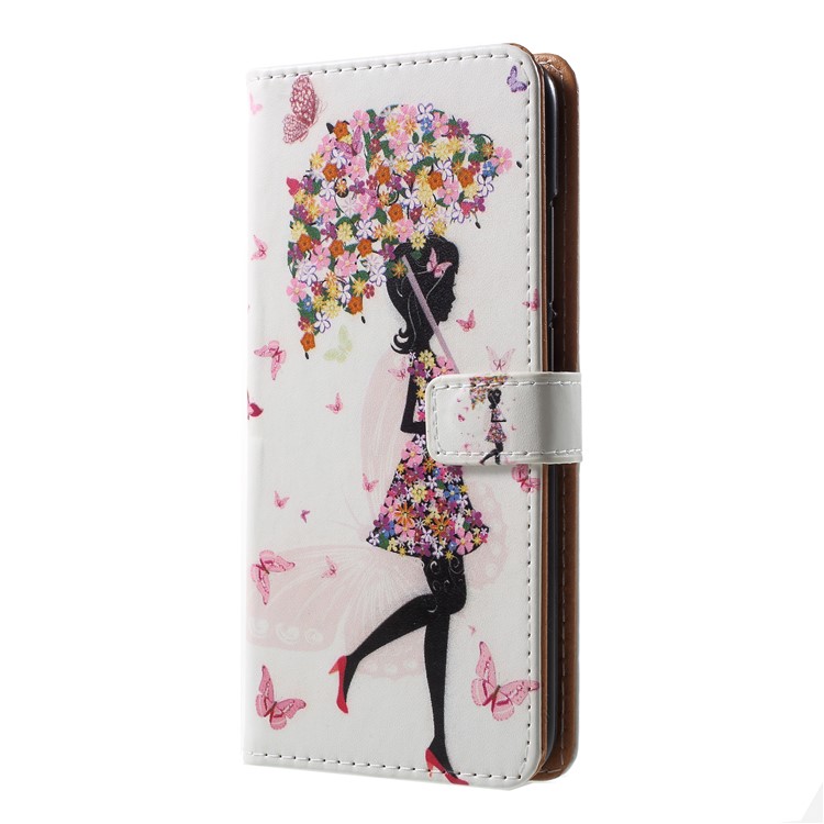 Patterned PU Leather Wallet Stand Accessory Case Shell for Huawei Honor 10 - Flowered Girl Holding Umbrella-2