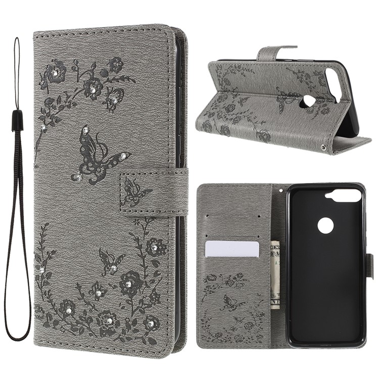 Imprint Butterfly Flower Rhinestone Decor Leather Mobile Protective Case for Huawei Honor 7C/Enjoy 8/Y7 Prime (2018) - Grey-1