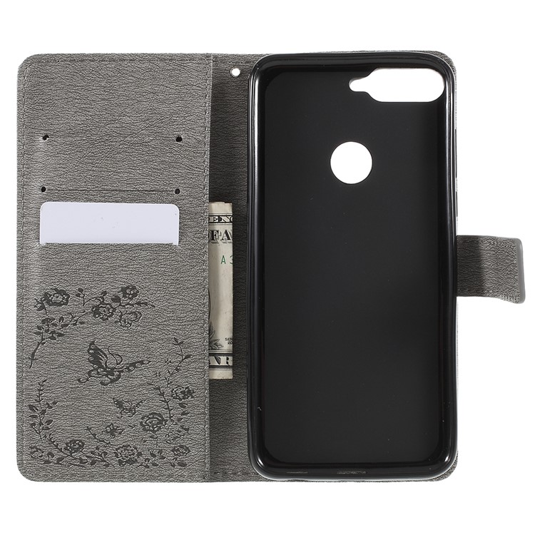 Imprint Butterfly Flower Rhinestone Decor Leather Mobile Protective Case for Huawei Honor 7C/Enjoy 8/Y7 Prime (2018) - Grey-6
