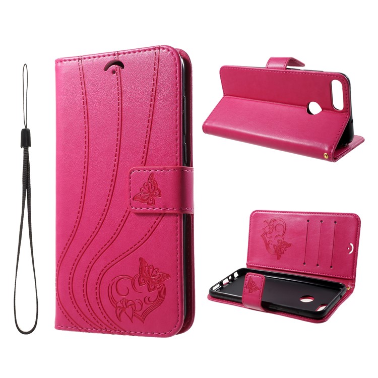 Imprint Butterfly Heart Leather Wallet Case for Huawei P Smart/Enjoy 7S - Rose-1