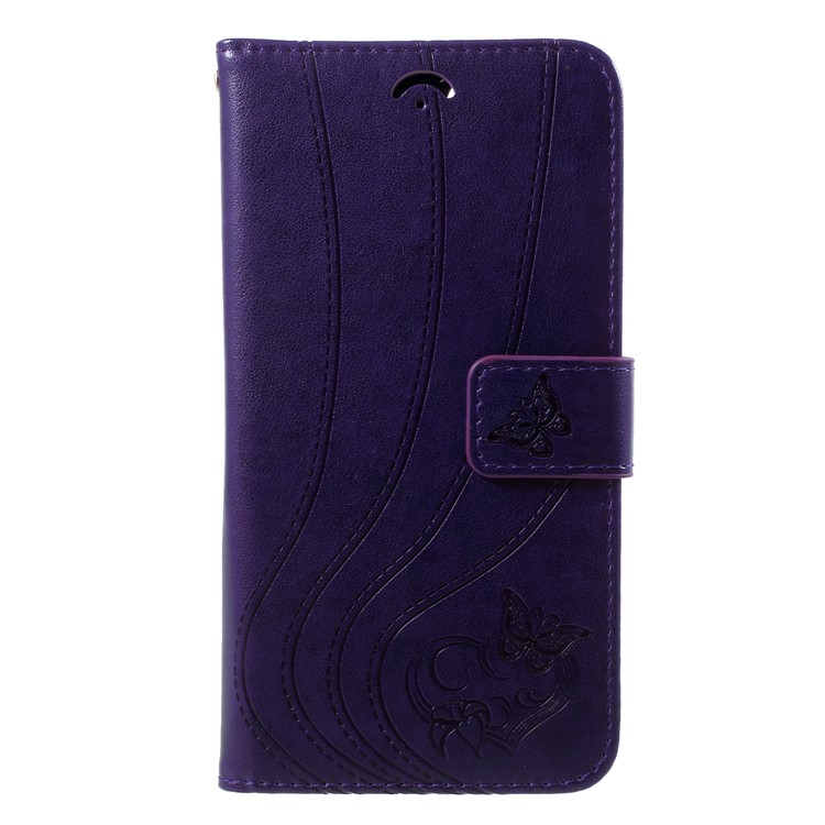 Imprint Butterfly Heart Leather Magnetic Stand Wallet Case for Huawei P Smart/Enjoy 7S - Dark Purple-1