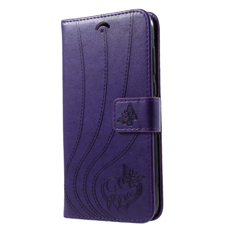Imprint Butterfly Heart Leather Magnetic Stand Wallet Case for Huawei P Smart/Enjoy 7S - Dark Purple-3