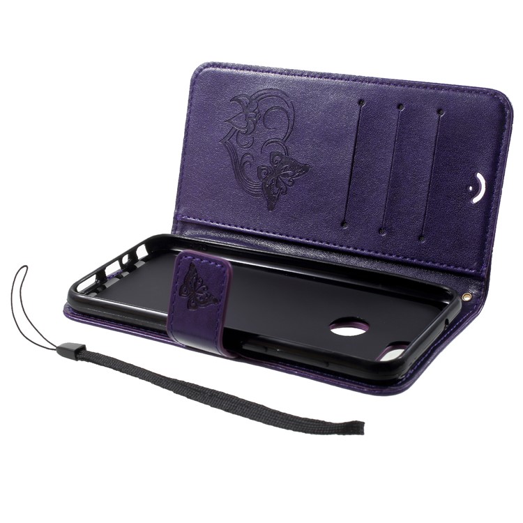 Imprint Butterfly Heart Leather Magnetic Stand Wallet Case for Huawei P Smart/Enjoy 7S - Dark Purple-5