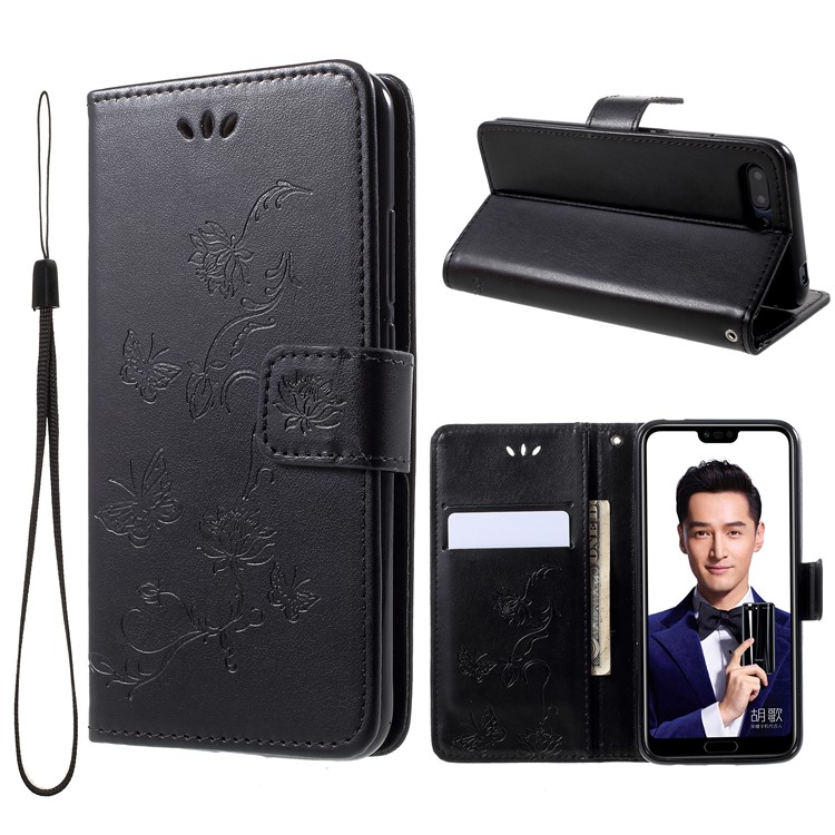 Imprint Butterfly Flowers Leather Wallet Case for Huawei Honor 10 - Black-1