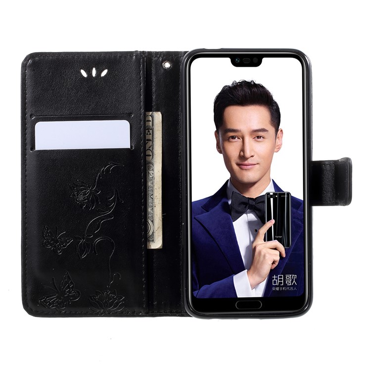 Imprint Butterfly Flowers Leather Wallet Case for Huawei Honor 10 - Black-6
