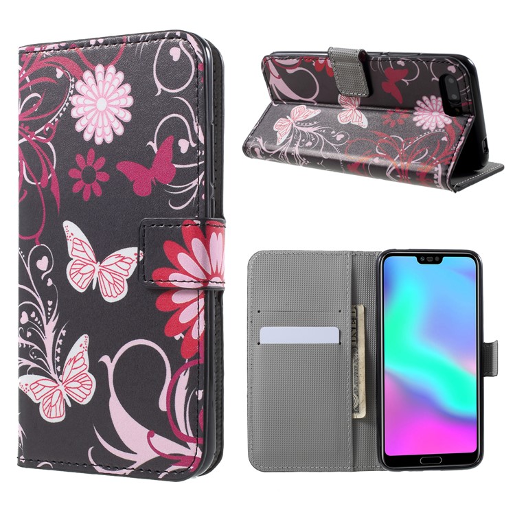 Pattern Printing Wallet Stand Leather Phone Case for Huawei Honor 10 - Butterfly and Flower-1