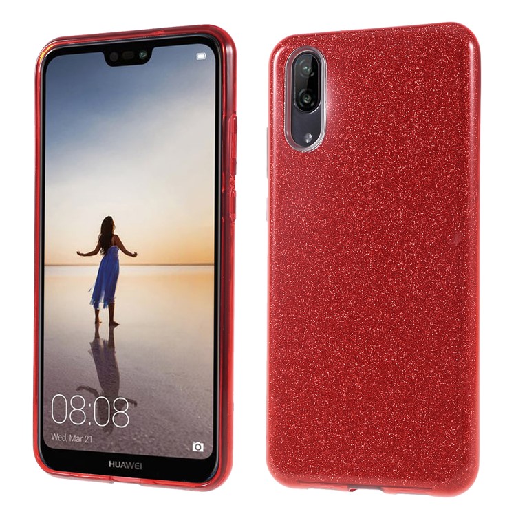 PC TPU Hybrid Phone Case + Flash Powder Paper for Huawei P20 - Red-1