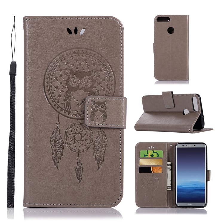 Impressum Eule Dream Catcher Wallet Stand Leder Abdeckung Für Huawei P Smart / 7s Genießen / Honor 9 Lite - Grau-1