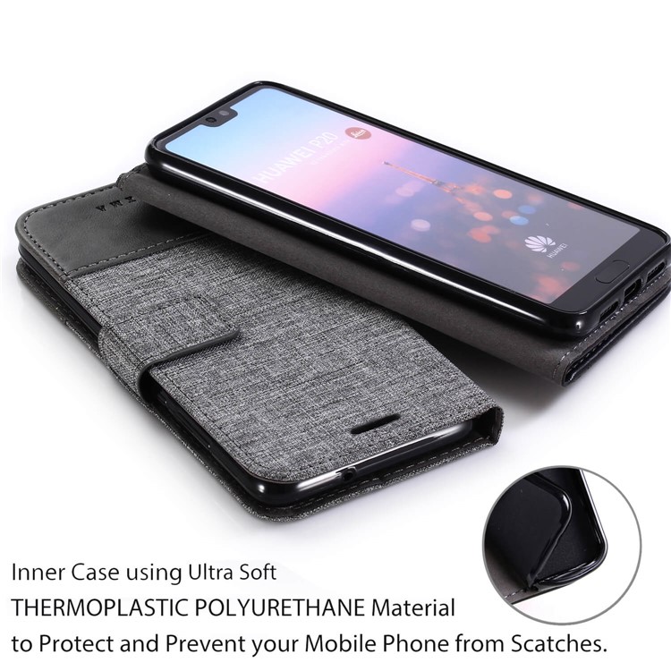 MUXMA Leather Canvas Splicing Stand Mobile Casing for Huawei P20 - Black-8
