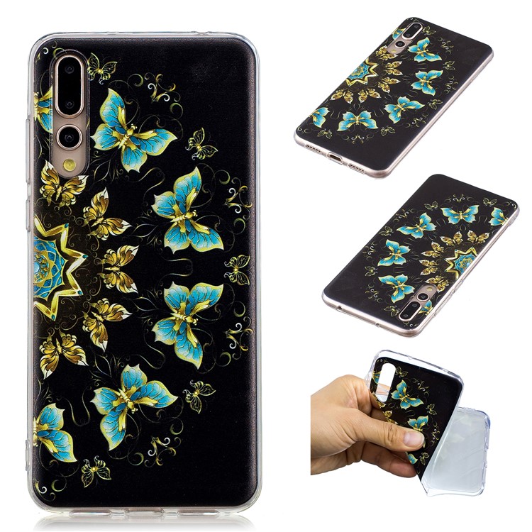 Pattern Printing Soft TPU Case for Huawei P20 Pro - Gold and Blue Butterflies-1