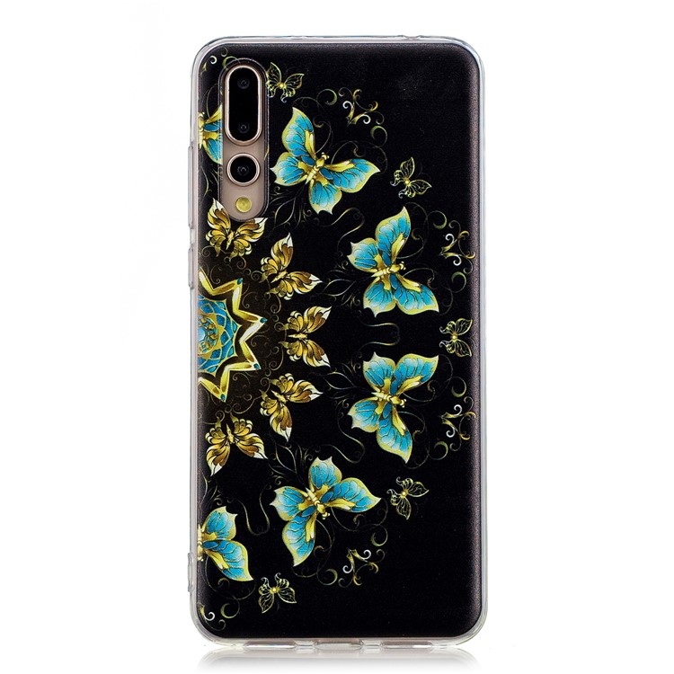 Pattern Printing Soft TPU Case for Huawei P20 Pro - Gold and Blue Butterflies-2