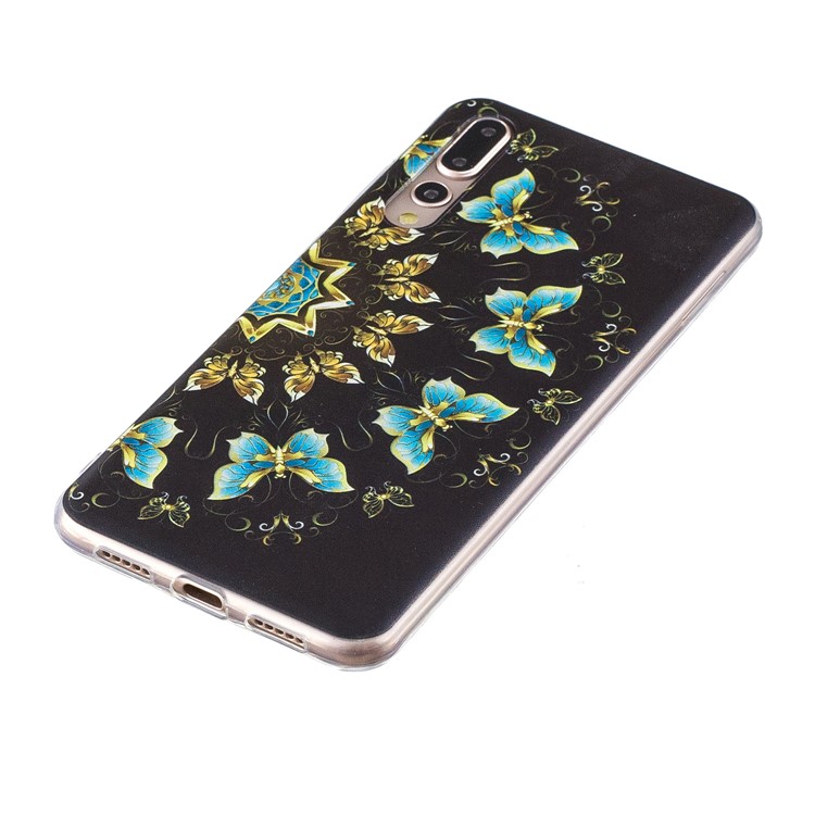Pattern Printing Soft TPU Case for Huawei P20 Pro - Gold and Blue Butterflies-3