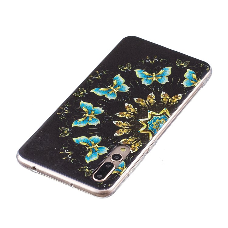 Pattern Printing Soft TPU Case for Huawei P20 Pro - Gold and Blue Butterflies-4