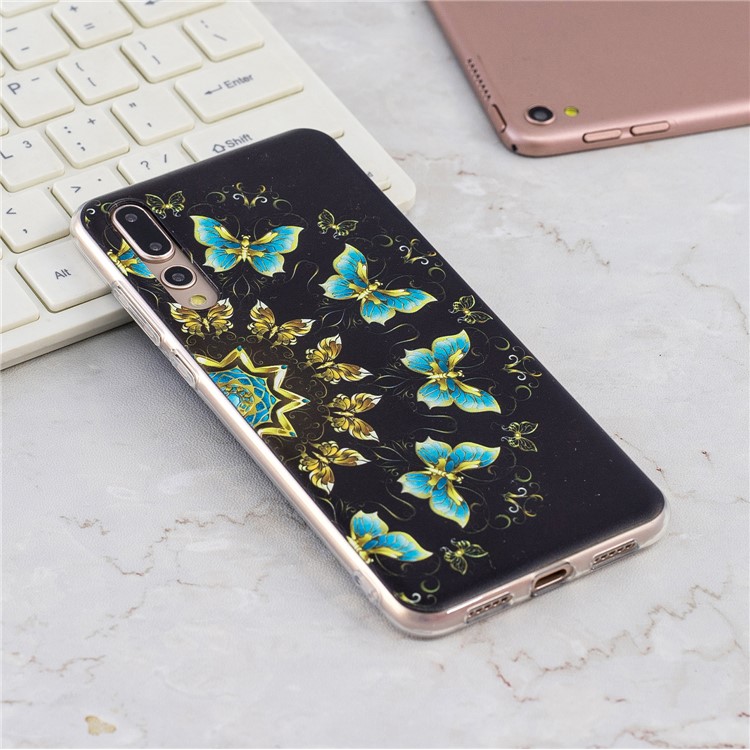 Pattern Printing Soft TPU Case for Huawei P20 Pro - Gold and Blue Butterflies-7