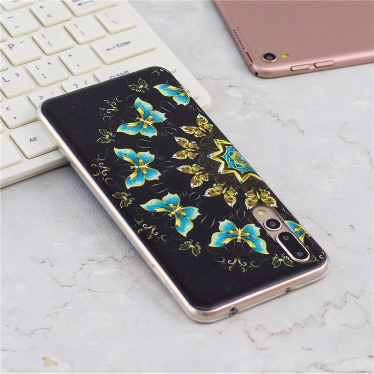 Pattern Printing Soft TPU Case for Huawei P20 Pro - Gold and Blue Butterflies-8