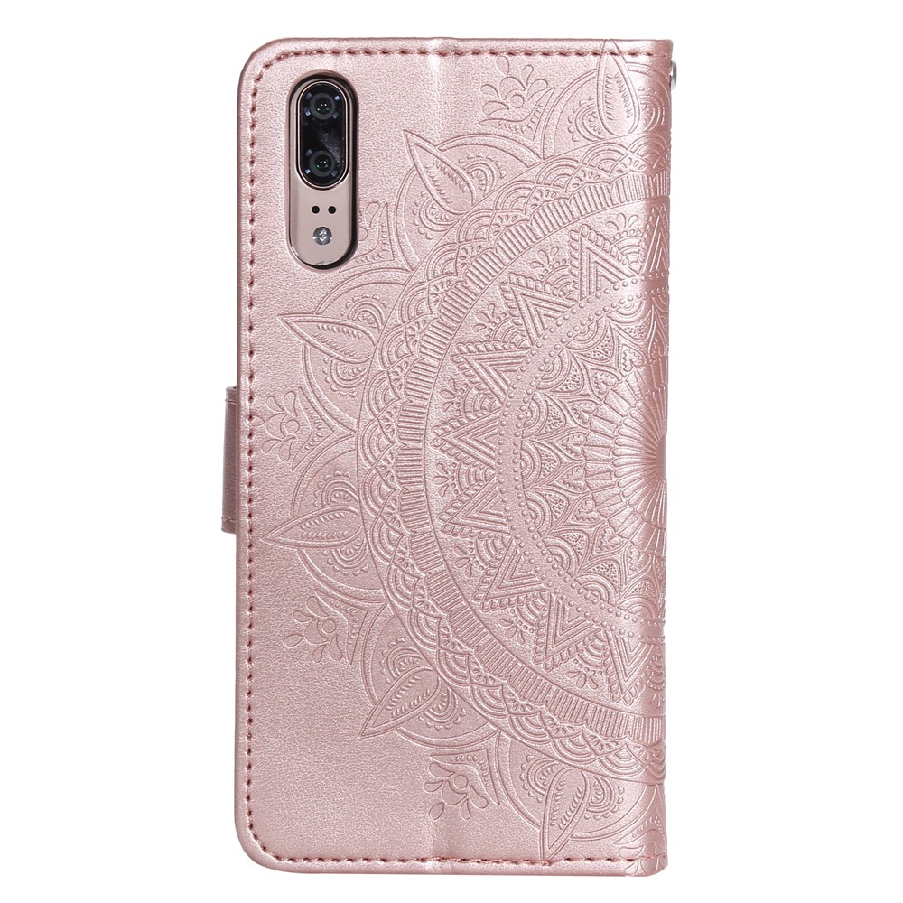 Impressão Mandala Flor Carrinho De Carteira De Couro Para Huawei P20 - Rosa Ouro-3