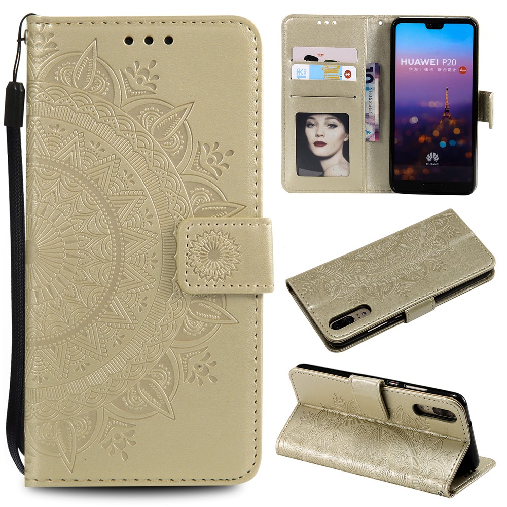 Imprint Mandala Flower Stand Wallet Leather Mobile Phone Case for Huawei P20 - Gold-1