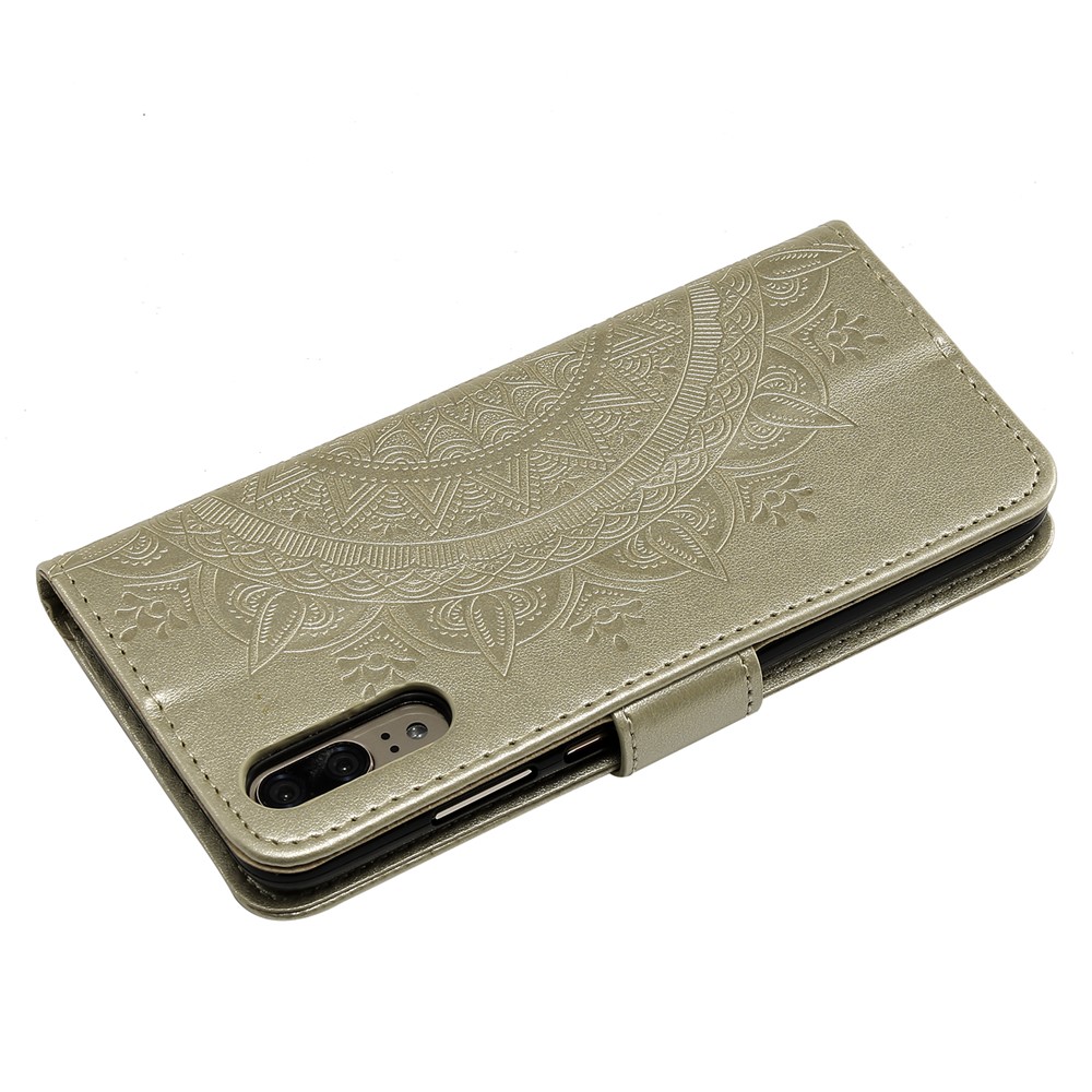 Imprint Mandala Flower Stand Wallet Leather Mobile Phone Case for Huawei P20 - Gold-6