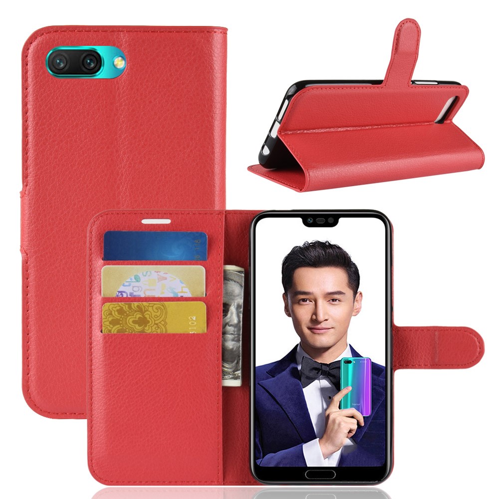 Litchi Texture Wallet Stand Leather Mobile Shell for Huawei Honor 10 - Red-1