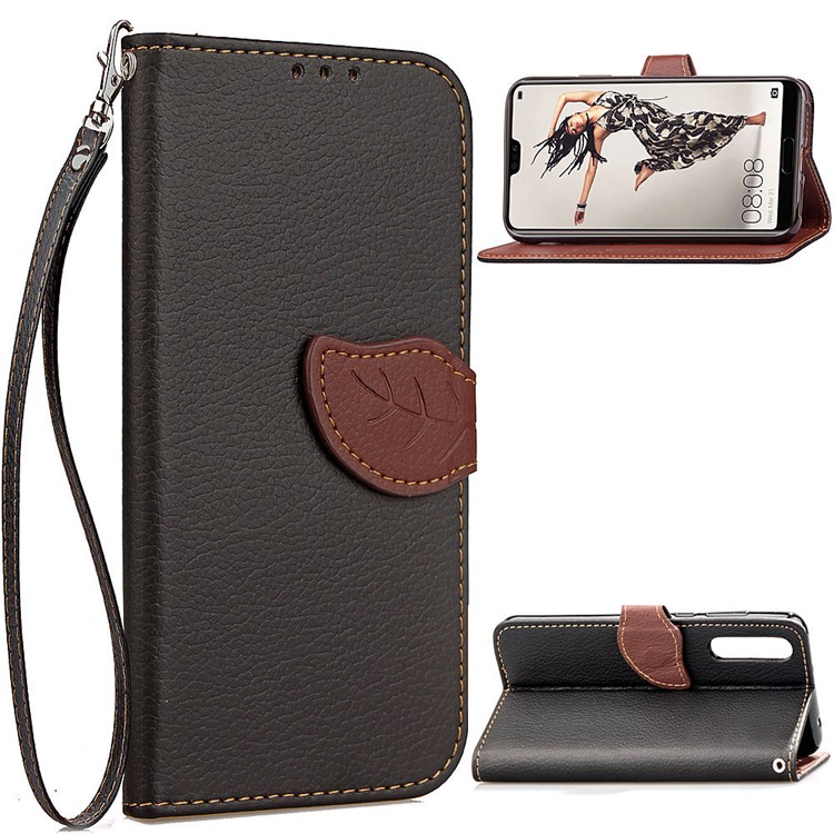 Leaf Shape Magnetic Flap Leather Wallet Case for Huawei P20 - Black-1