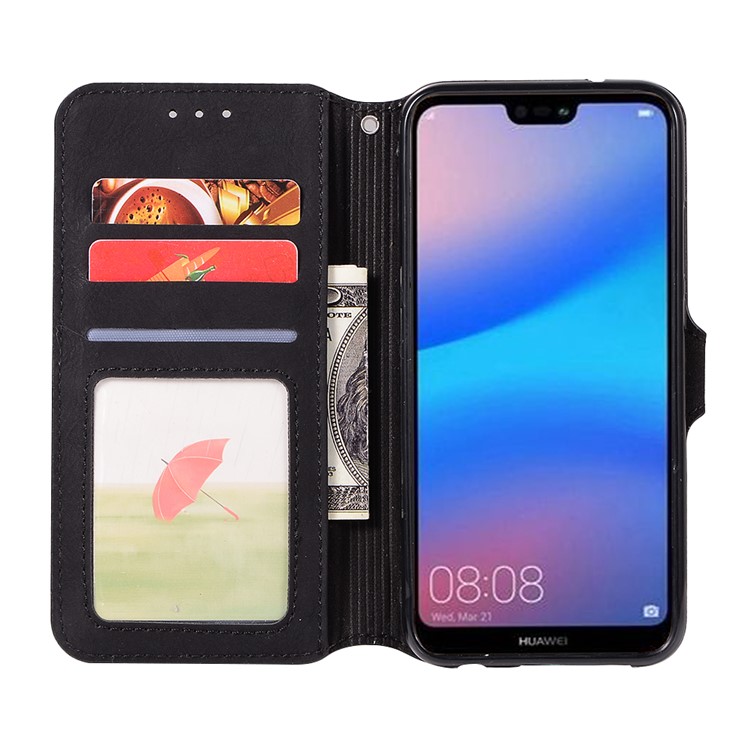 Premium Vintage Leather Magnetic Wallet Case for Huawei P20 Lite/Nova 3e (China) - Black-4