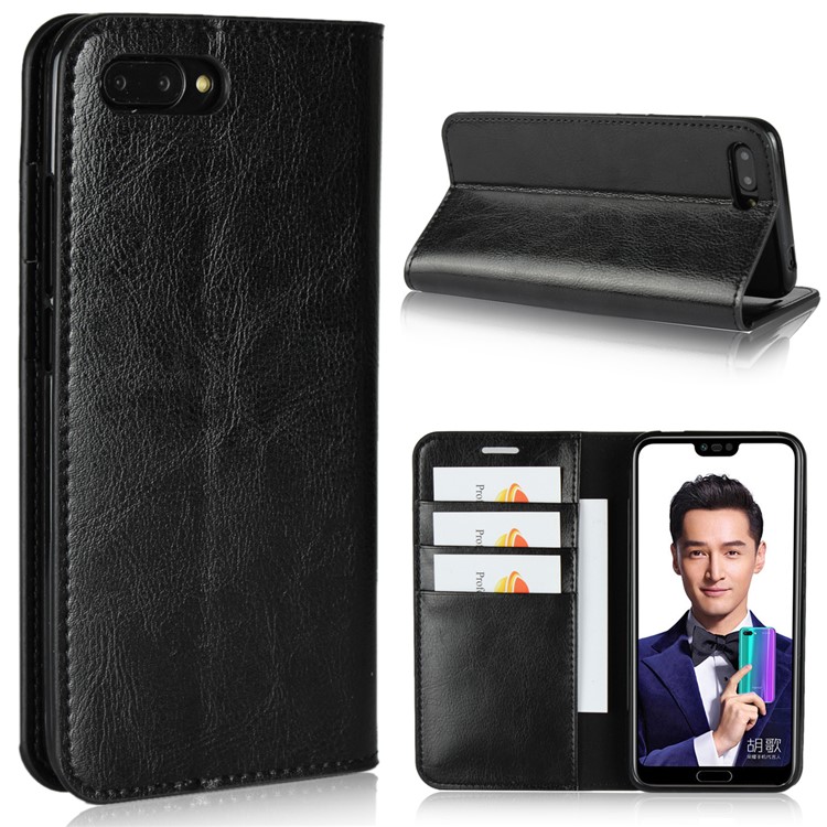 Crazy Horse Genuine Leather Wallet Stand Case for Huawei Honor 10 - Black-1