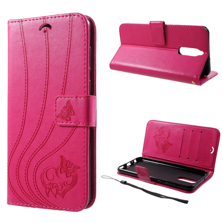 Imprint Butterfly Heart Leather Wallet Case for Huawei Mate 10 Lite / nova 2i / Maimang 6 / Honor 9i (India) - Rose-1