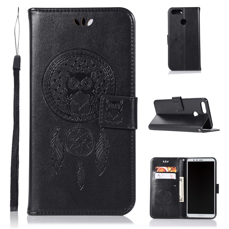 Imprinted Dream Catcher Owl Leather Wallet Case for Huawei Y9 (2018) / Enjoy 8 Plus - Black-1