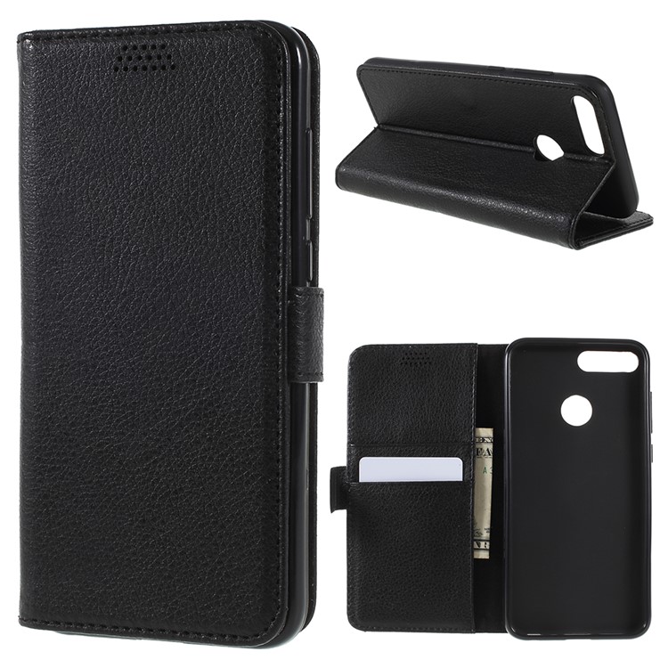 Litchi Texture Wallet Stand Leather Case for Huawei P Smart/Enjoy 7S - Black-1