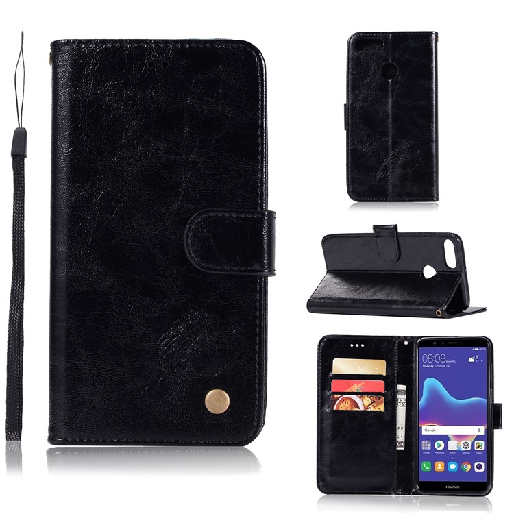 Premium Vintage Leather Wallet Case for Huawei Y9 (2018) / Enjoy 8 Plus - Black-1
