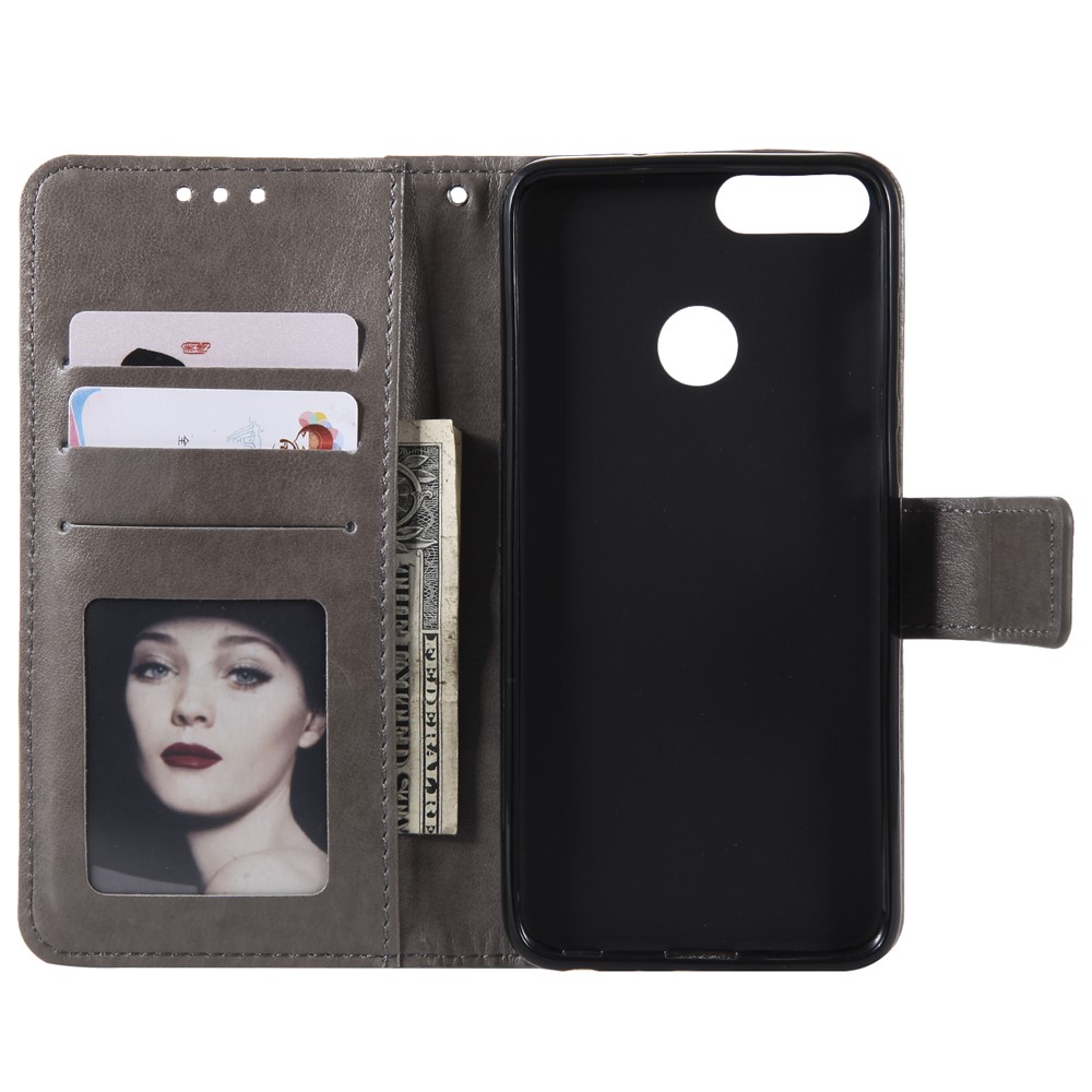 Imprint Butterfly Flower Leather Wallet Case for Huawei P Smart / Enjoy 7S - Grey-3