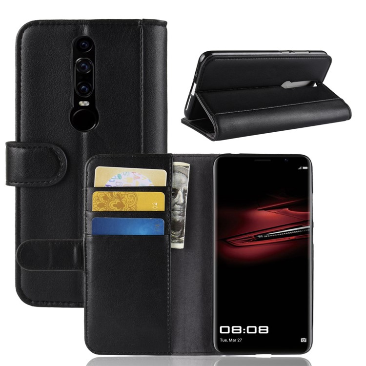 Genuine Split Leather Wallet Stand Phone Shell for Huawei Mate RS Porsche Design - Black-1