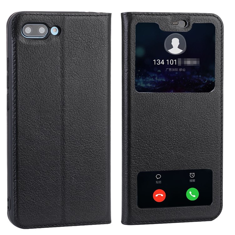 For Huawei Honor 10 View Window Genuine Leather Auto Wake Up / Sleep Stand Protective Mobile Casing - Black-1