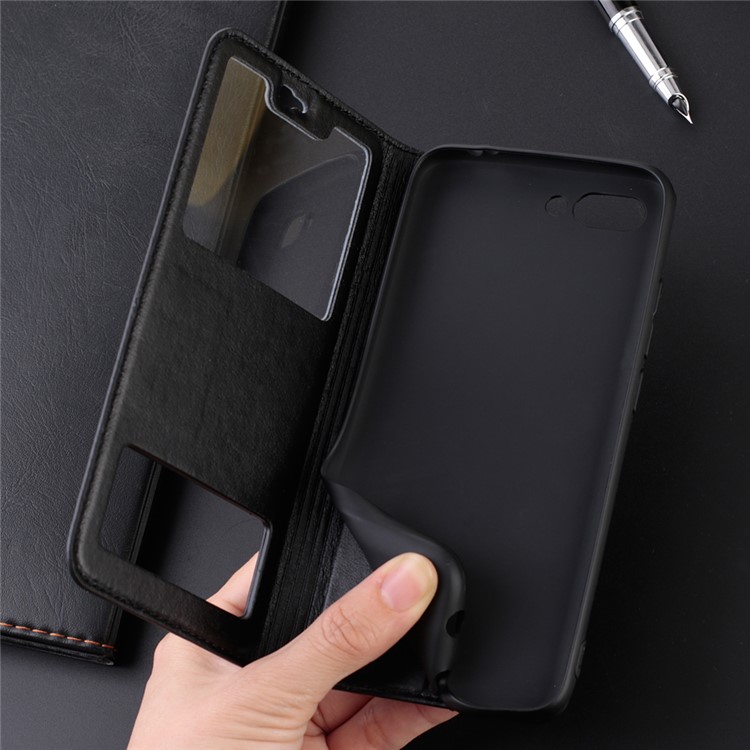 For Huawei Honor 10 View Window Genuine Leather Auto Wake Up / Sleep Stand Protective Mobile Casing - Black-13