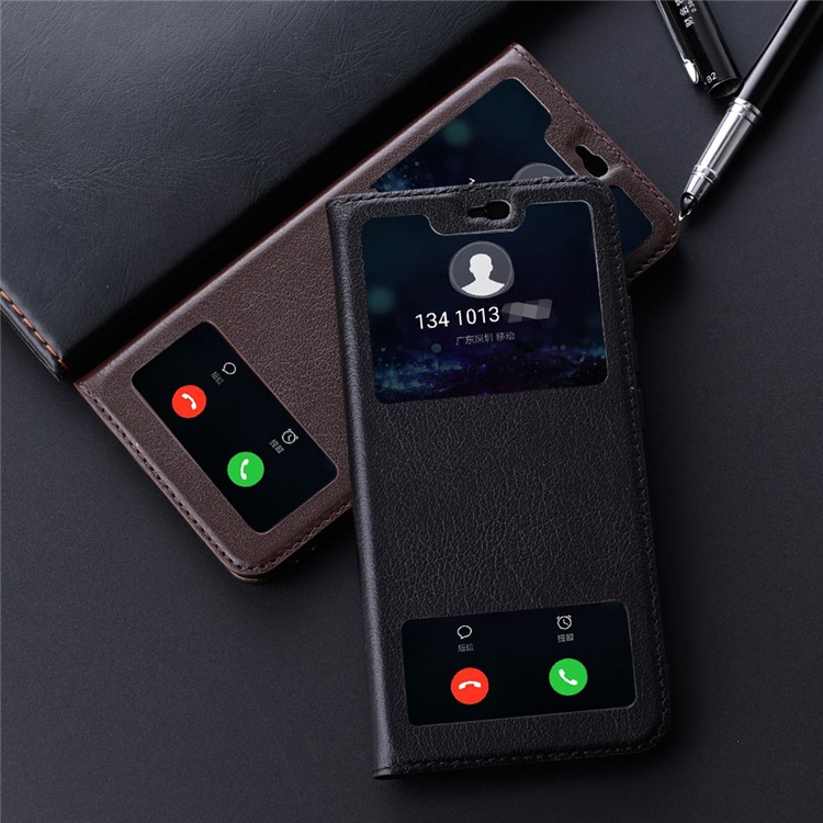 For Huawei Honor 10 View Window Genuine Leather Auto Wake Up / Sleep Stand Protective Mobile Casing - Black-14