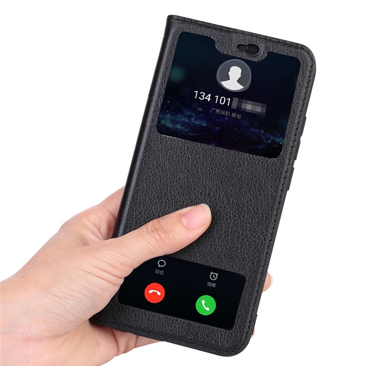 For Huawei Honor 10 View Window Genuine Leather Auto Wake Up / Sleep Stand Protective Mobile Casing - Black-9