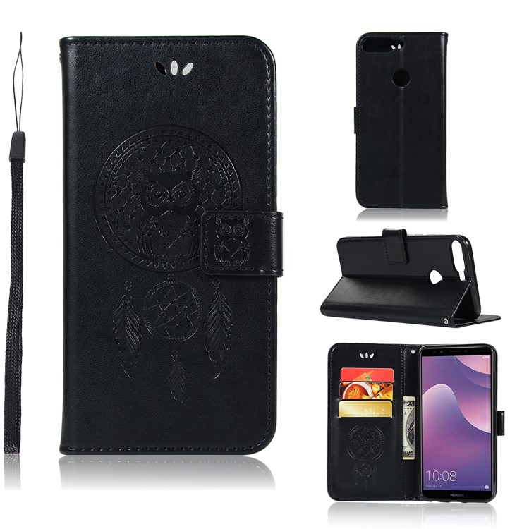 Imprinted Dream Catcher Owl Leather Wallet Case for Huawei Y7 (2018) - Black-1