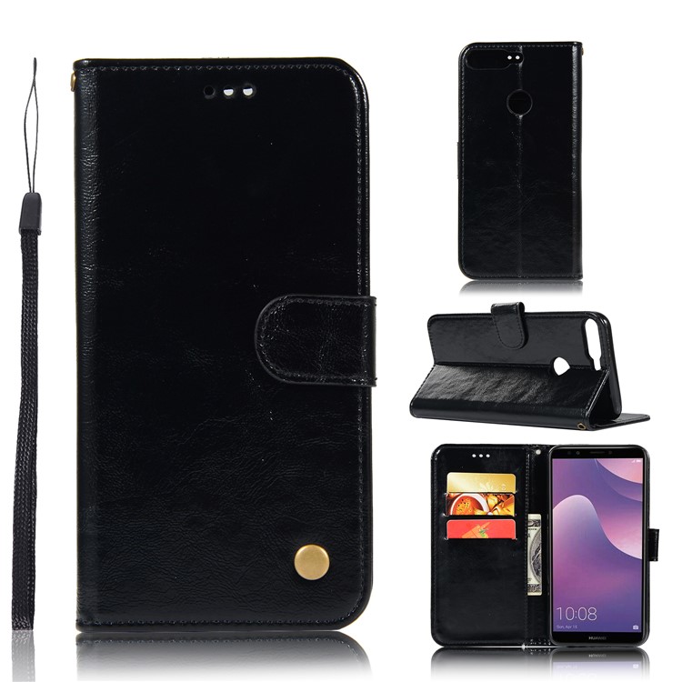 Premium Vintage Leather Wallet Case for Huawei Y7 (2018) - Black-1