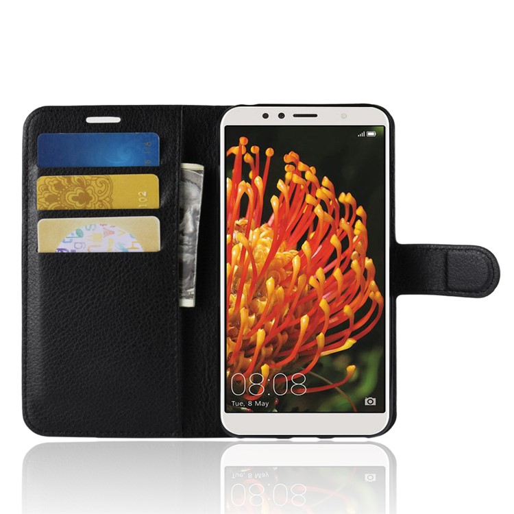 Litchi Skin Wallet Leather Stand Case for Huawei Y6 (2018) / Honor 7A (without Fingerprint Sensor) - Black-4