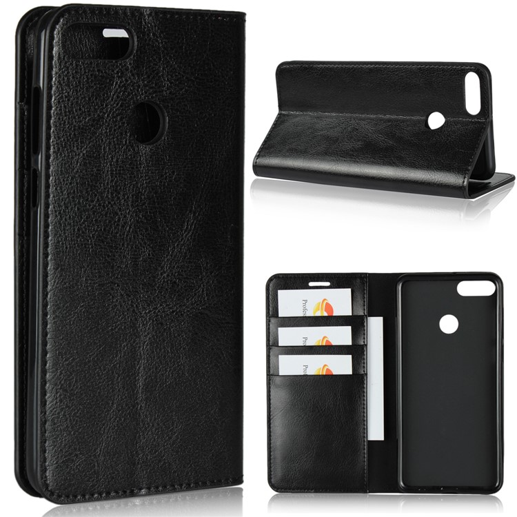 Crazy Horse Texture Genuine Leather Wallet Stand Mobile Cover for Huawei Enjoy 8 Plus - Black-1