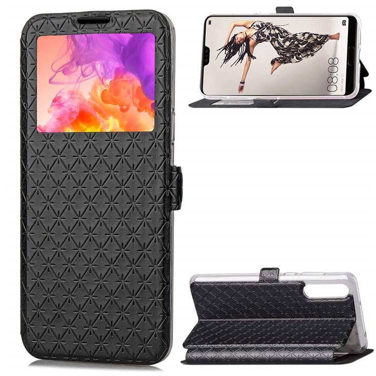 Imprint Rhombus Texture View Window Leather Card Slot Cell Phone Case for Huawei P20 Pro - Black-1