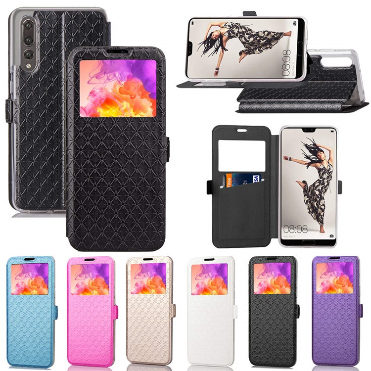 Imprint Rhombus Texture View Window Leather Card Slot Cell Phone Case for Huawei P20 Pro - Black-6