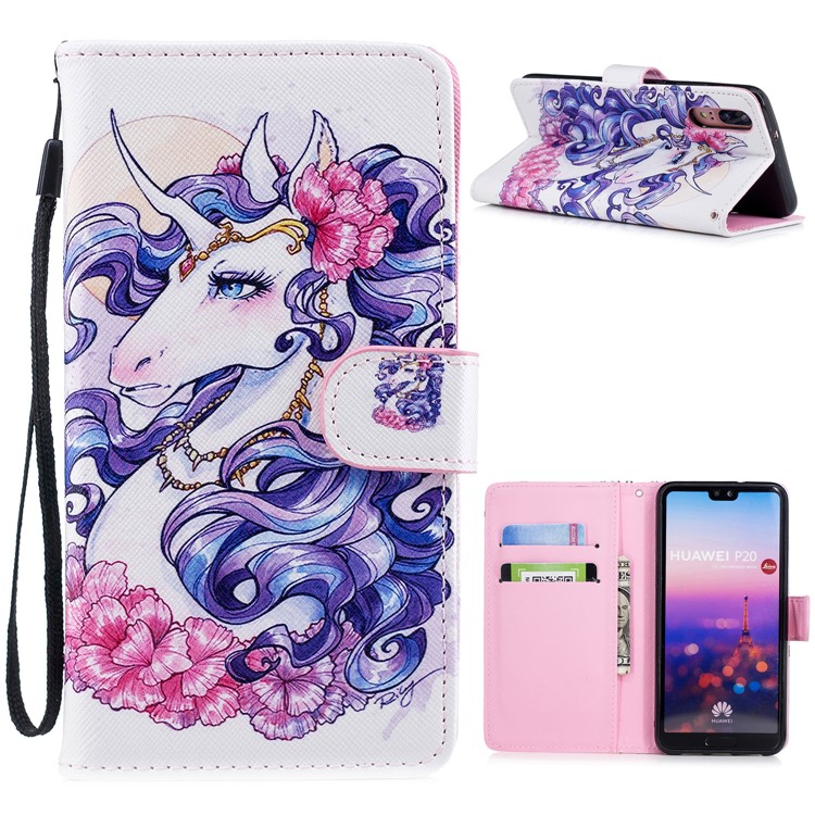 Pattern Printing Wallet Stand Leather Flip Case for Huawei P20 - Pretty Unicorn-1