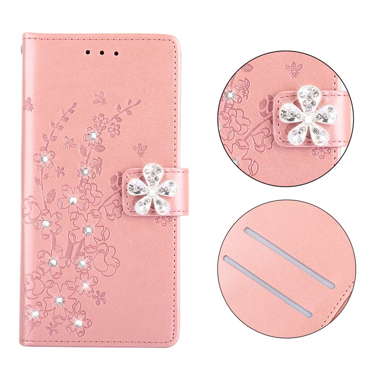 Imprint Flower Rhinestone Wallet Leather Stand Case for Huawei P20 Lite / Nova 3e - Rose Gold-1