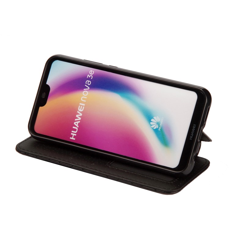 For Huawei P20 Lite / Nova 3e (China) Stitching Rhombus Crown Card Holder Stand Leather Case - Black-6