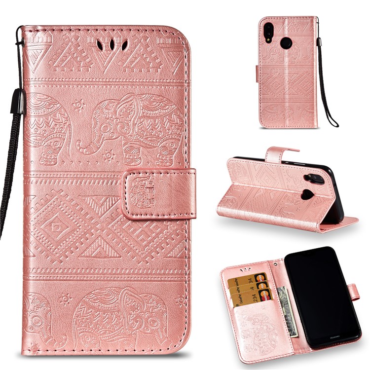 Imprinted Elephant Magnetic Leather Wallet Case for Huawei P20 Lite / Nova 3e (China) - Rose Gold-1