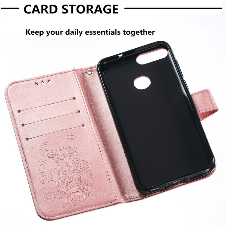Imprint Elephant Leather Wallet Case for Huawei P Smart / Enjoy 7S - Rose Gold-8