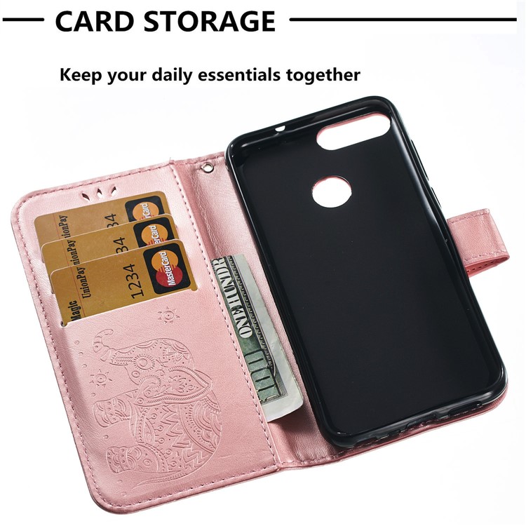 Imprint Elephant Leather Wallet Case for Huawei P Smart / Enjoy 7S - Rose Gold-9