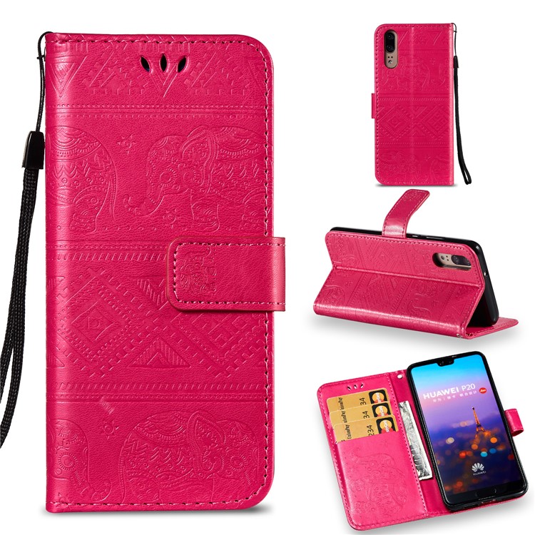 Imprint Elephant Leather Wallet Case for Huawei P20 - Rose-1