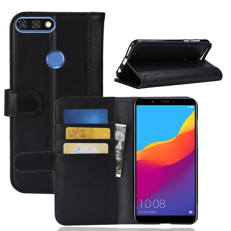 Genuine Split Leather Wallet Flip Stand Case Accessory for Huawei Honor 7C / Enjoy 8 - Black-1